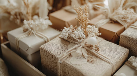 A collection of beautifully wrapped rustic gift boxes adorned with dried flowers and twine, perfect for festive celebrations and creative gift-giving.の素材