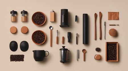 A visually appealing flat lay of coffee preparation tools and ingredients, featuring various items like beans, cups, and a French press, perfect for coffee lovers.の素材
