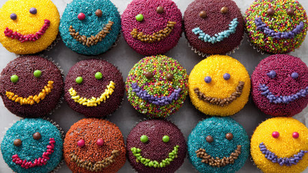 A vibrant arrangement of smiling cupcakes, each decorated uniquely with colorful sprinkles and bright icing, perfect for celebrations and events.の素材