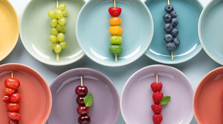 A vibrant arrangement of fruit skewers showcases an array of fresh fruits on pastel-colored plates, perfect for summer gatherings or healthy snacking.の素材