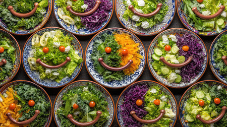 This vibrant image showcases individual salad plates designed with fresh vegetables arranged to create cheerful smiles, perfect for uplifting meals.の素材