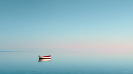 A single small boat drifts peacefully in calm water, surrounded by a soft pastel sky, evoking a sense of tranquility and solitude in nature.の素材
