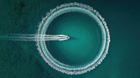 Experience the serene beauty of a boat making circular wake in tranquil blue waters from an aerial perspective, showcasing motion and harmony.の素材