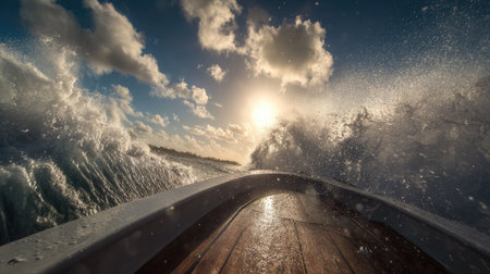 This captivating image captures the thrill of boating through powerful waves at sunset, showcasing nature's beauty and the spirit of adventure.の素材
