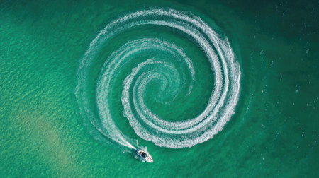 This aerial image captures a boat creating a stunning spiral wake on turquoise ocean water, showcasing the beauty of marine adventure and summer leisure.の素材