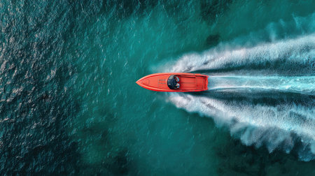 An aerial shot depicting a vibrant orange speedboat skimming over clear turquoise water, creating dynamic waves. Perfect for adventure and travel themes.の素材