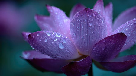 A stunning close-up of a pink lotus flower adorned with glistening water droplets, embodying nature's beauty in a tranquil garden setting.の素材