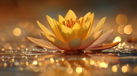 A stunning yellow water lily blooms gracefully on the water's surface, surrounded by shimmering droplets and soft bokeh lights, creating a tranquil scene.の素材