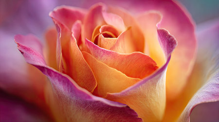 This close-up captures the enchanting beauty of rose petals in vibrant pink and orange colors, showcasing their delicate texture and softness.の素材