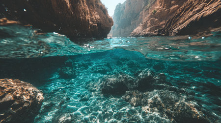 Immerse yourself in the breathtaking underwater scene showcasing crystal clear ocean water, rocky formations, and majestic cliffs, evoking a sense of tranquility and beauty in nature.の素材