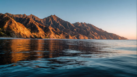 Experience a breathtaking view of majestic mountains reflecting in the calm ocean waters during the golden hour at dusk, capturing nature's serene beauty.の素材