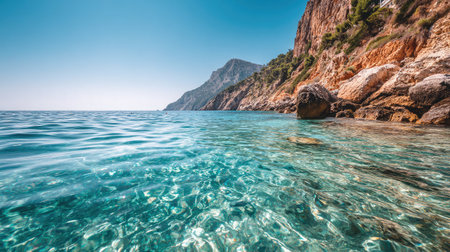 Experience the serene beauty of a tranquil coastal scene featuring crystal-clear water gently lapping against rocky cliffs under a bright blue sky.の素材