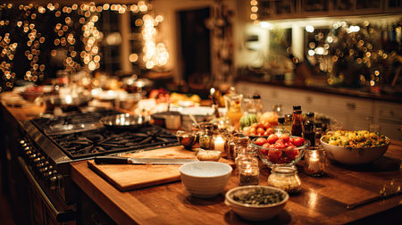 A beautifully arranged kitchen table captures the essence of warmth and hospitality with fresh ingredients, ambient lighting, and a cozy atmosphere perfect for gatherings.の素材