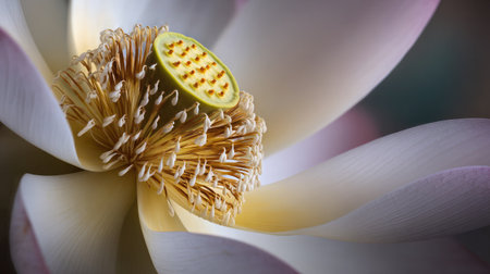 This close-up image captures the intricate details of a lovely lotus flower, showcasing its soft petals, delicate stamen, and unique seed pod. The gentle hues create a serene atmosphere, ideal for nature lovers and botanical enthusiasts.の素材