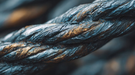 This image showcases a detailed close-up of textured dark rope, featuring intricate weaving and subtle bronze highlights, perfect for design and craft themes.の素材