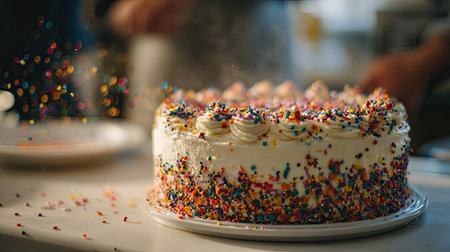A beautifully decorated cake topped with colorful sprinkles sits on a table, inviting joy and celebration. This delightful dessert captures festive moments, perfect for parties and gatherings.の素材