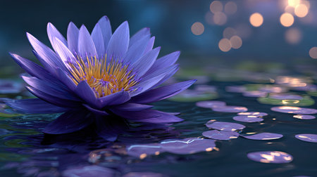 A stunning purple water lily gracefully floats on a serene pond, surrounded by soft bokeh light effects, creating a peaceful and tranquil atmosphere.の素材