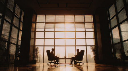 Two business professionals engage in a thoughtful discussion silhouetted against a stunning sunset, emphasizing collaboration and strategic planning.の素材