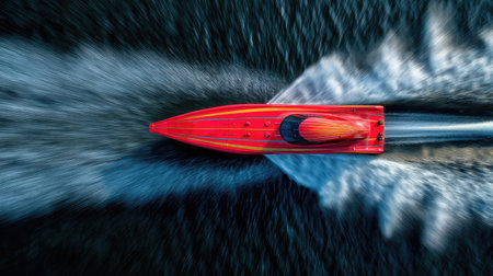 An exhilarating aerial view of a bright red powerboat racing through deep blue waters, leaving behind dynamic white foam trails that embody speed and adventure.の素材