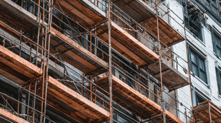 Detailed view of a construction scaffold showing wooden planks, highlighting the structural elements necessary for building renovation in an urban environment.の素材