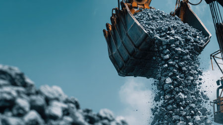 A close-up view of heavy machinery unloading rocks at a construction site, showcasing industrial activity against a clear blue sky and dramatic movement.の素材