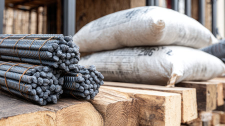 This image captures an industrial storage scene featuring bundles of steel rebars on wooden pallets alongside bags of cement, showcasing essential construction materials.の素材