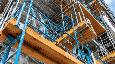 Detailed view of a construction site featuring a robust scaffolding system with wooden planks, showcasing an industrial setting under a clear sky.の素材