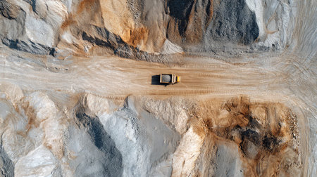 This aerial image captures a mining truck navigating a dirt road amidst diverse rock formations, showcasing various colors and textures of the earth.の素材