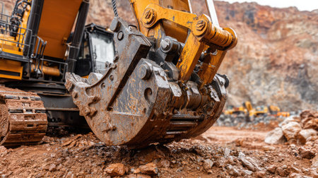 Captivating image of heavy machinery at a mining site, showcasing an excavator's bucket ready for action in a rugged terrain, highlighting industrial operations.の素材
