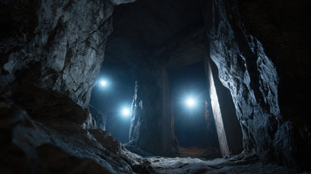 This captivating image captures the interior of a cave, illuminated by soft lights that accentuate the rock formations and create an atmosphere of mystery and adventure.の素材
