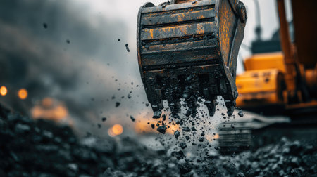 An excavator is busy digging up dirt and gravel at an industrial construction site, showcasing powerful machinery in action. Dust and debris fly as the heavy equipment operates efficiently in a dynamic environment.の素材