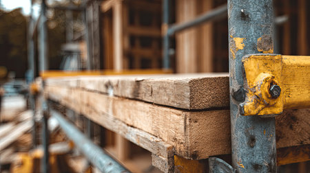 This image captures a detailed view of scaffolding featuring wooden planks, emphasizing the industrial aspects of a construction site, showcasing crucial support structures.の素材
