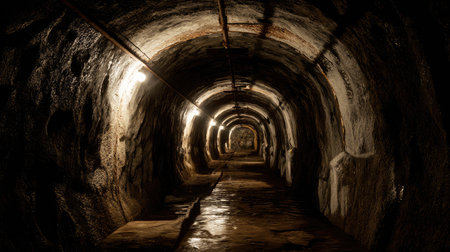 This image captures a dark underground tunnel, showcasing rough stone walls illuminated by dim lighting. The atmosphere evokes mystery and adventure, perfect for exploration-themed projects.の素材