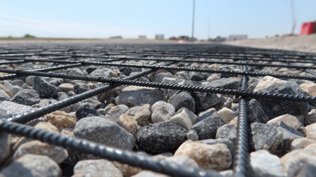 This close-up image showcases a metal reinforcement grid placed over a bed of gravel at a construction site, capturing textures and details.の素材