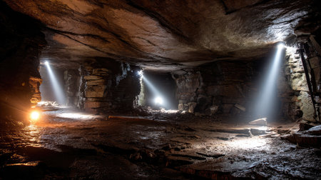 This captivating underground cave showcases dramatic light beams cutting through darkness, highlighting rocky surfaces and creating a serene atmosphere.の素材
