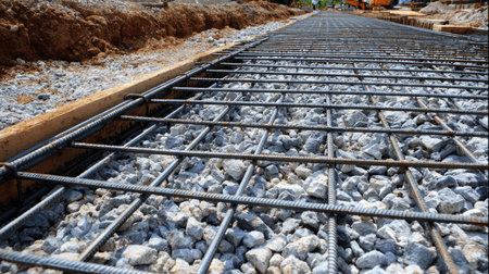 This image showcases steel reinforcement mesh placed on a gravel base, essential for the foundational work in construction projects. The meticulous arrangement indicates preparation for concrete pouring, highlighting the importance of structural integrity in building development.の素材
