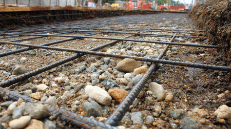 Close-up view of a construction site showing a prepared foundation with rebar and gravel layers. The image captures essential materials for building structural strength.の素材