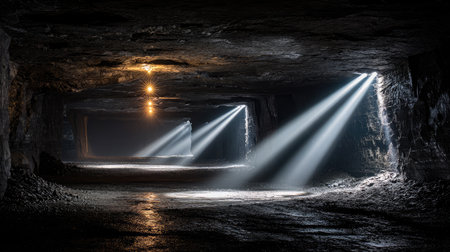 An enchanting underground cave scene where beams of light break through the darkness, highlighting the rocky textures and creating a mysterious atmosphere.の素材