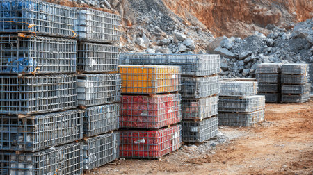 A collection of metal baskets piled high with rocks and gravel sits at a construction site, showcasing the industrial materials used in building processes.の素材