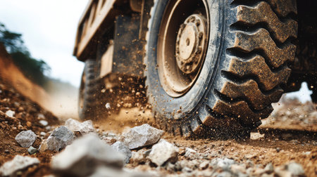 A heavy vehicle tire rolls over a rough terrain, kicking up dust and gravel, capturing the essence of rugged outdoor transport and construction activities.の素材