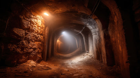 This captivating image portrays a dimly lit underground tunnel, featuring rough stone walls and a mysterious atmosphere. Ideal for themes of exploration and adventure.の素材