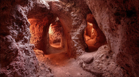 Explore a captivating cave system filled with warm light and rich textures, perfect for adventure seekers and photography enthusiasts.の素材