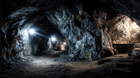 Explore the haunting beauty of an underground mine, featuring rugged rock formations, subtle lighting, and a sense of depth that invites curiosity.の素材