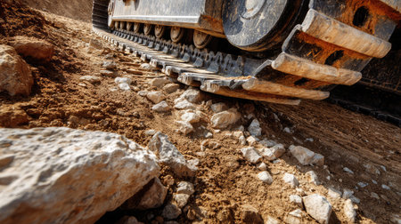 This image captures a close-up view of a heavy machinery track navigating rough terrain at a construction site, showcasing the rugged environment and the power of machinery.の素材