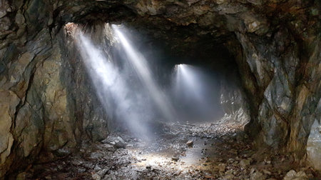 This captivating image captures the ethereal beauty of a cave illuminated by beams of light. The rocky textures and tranquil atmosphere invite exploration and wonder.の素材
