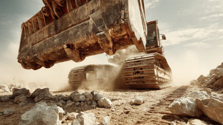 A powerful excavator bucket lifts rocks at a dusty construction site, showcasing the immense capabilities of heavy machinery in industrial environments.の素材