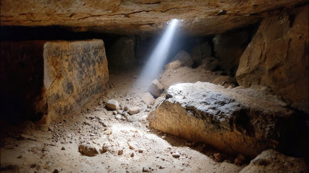 A captivating view inside an ancient cave where a narrow beam of light breaks through, illuminating sandy ground and rugged stones, evoking mystery.の素材