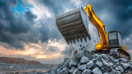 A powerful excavator moves large rocks at a quarry site during a stunning sunset. The dramatic sky showcases fiery clouds, highlighting the industrial activity.の素材