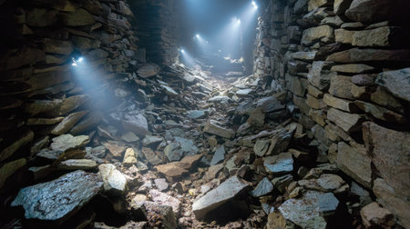A mysterious rocky passageway illuminated by soft beams of light revealing textured stones and rubble, inviting exploration and adventure.の素材