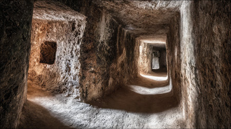 Explore the enchanting underground tunnels featuring remarkable rock formations and soft light, inviting curiosity and a sense of adventure in every curve.の素材